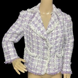 Fontana Couture Milano 1928 Violet White 44 Button Snap Tweed Blazer Silk Lining
